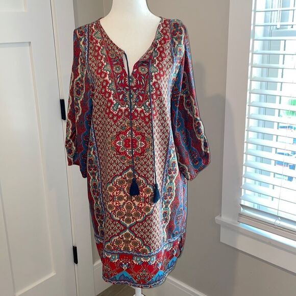 Women bohemian Neck Tie Vintage Printed Coverup Shift Dress Richly Colored - Picture 1 of 6